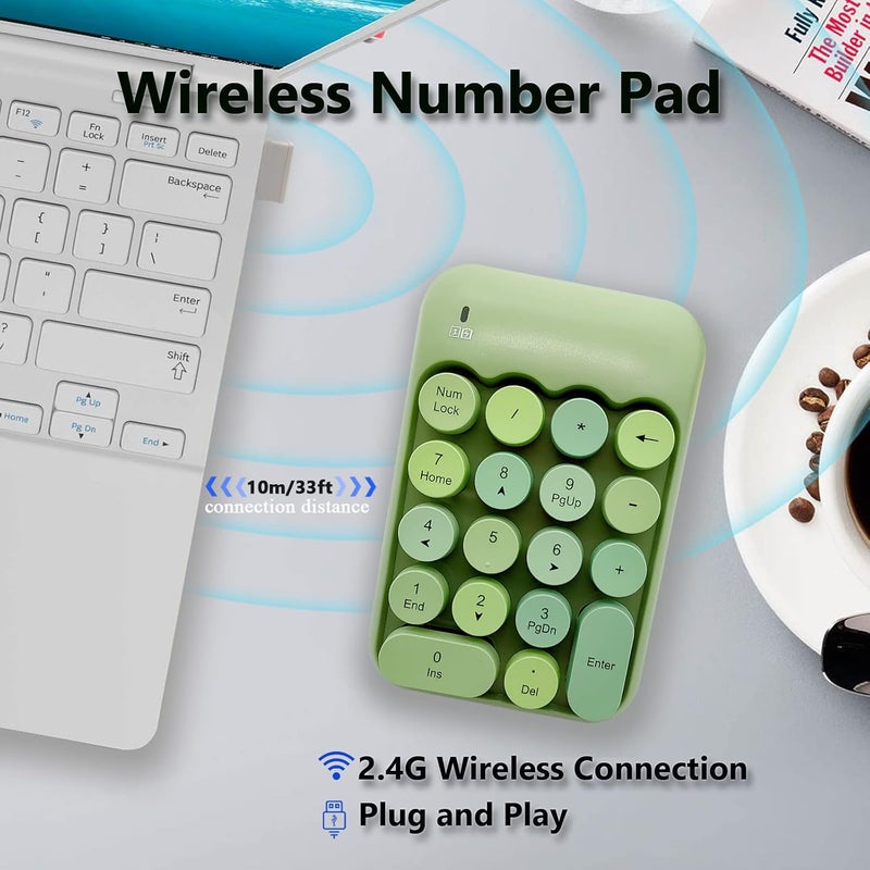 Seaciyan Wireless Number Pad, Ergonomic Cute Colorful Retro Mini Portable Numeric Keypad, 2.4G Cordless External Keyboard for Computer, Laptop (Green) - Image 2